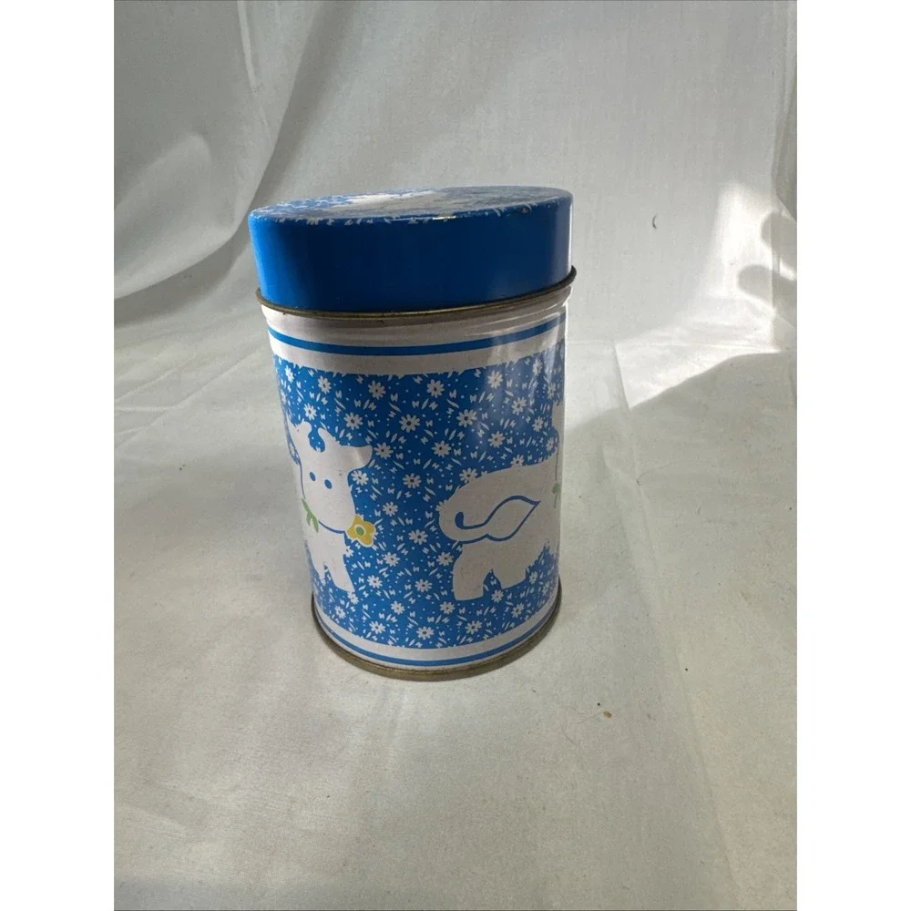 VTG Country Kitchen Tin Canister Cow Blue White Taiwan 4.25